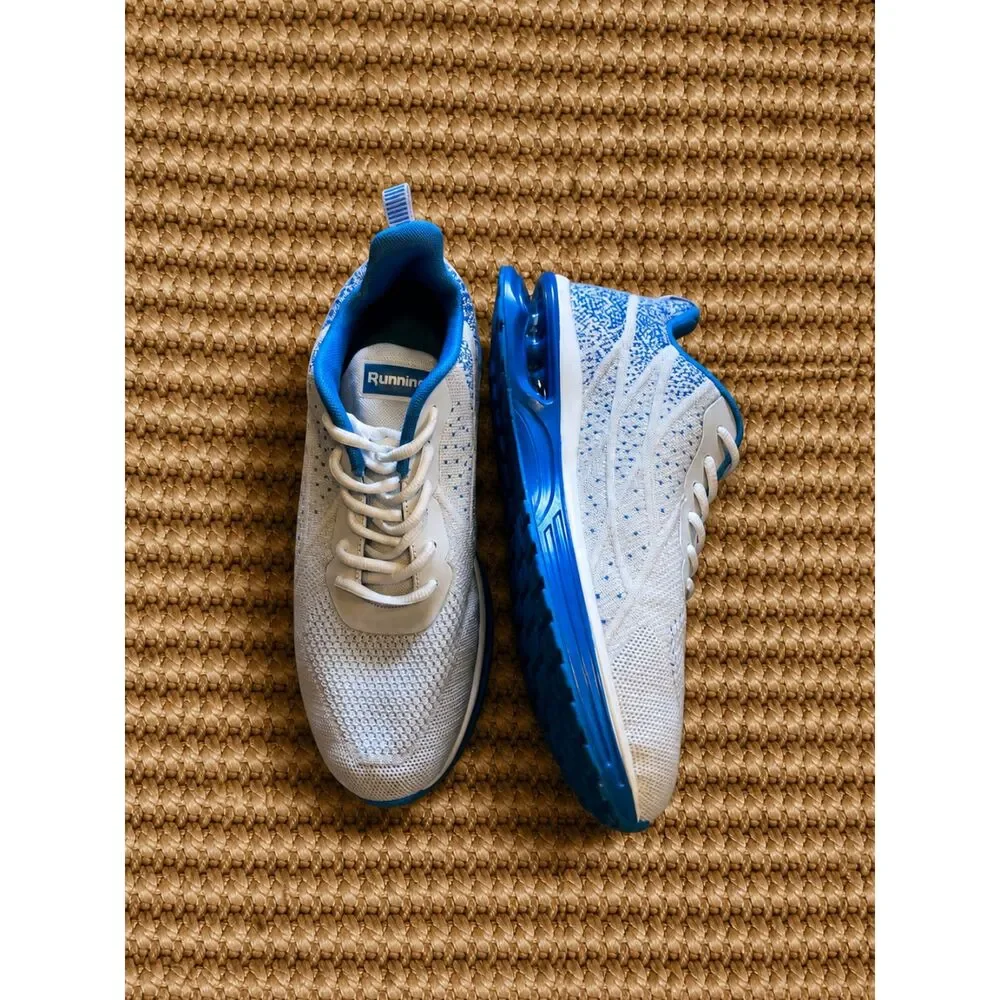 Mens Size 10 White Blue Air Running Shoes Knit Lightweight Athletic Sneakers